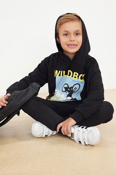 TRENDYOLKIDS Cotton Slogan Black Knitted Set - Tkdaw25Au00009