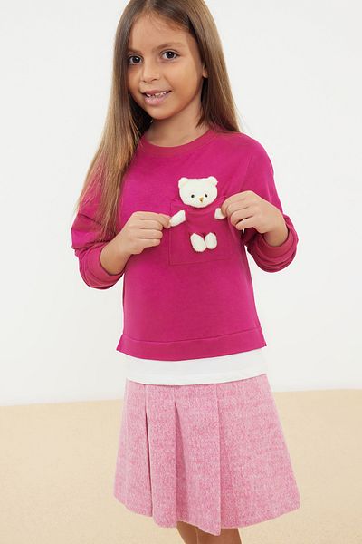 TRENDYOLKIDS Fuchsia Color Blocked Teddy Bear Detailed Girl's Dress - Crew Neck TKDAW25EL00006