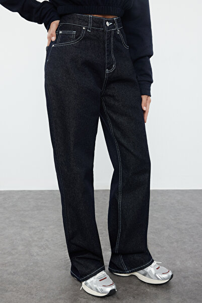 Trendyol Collection Magas derekú NavY széles lábú farmernadrág – kontrasztos varrással TWOAW25je00109