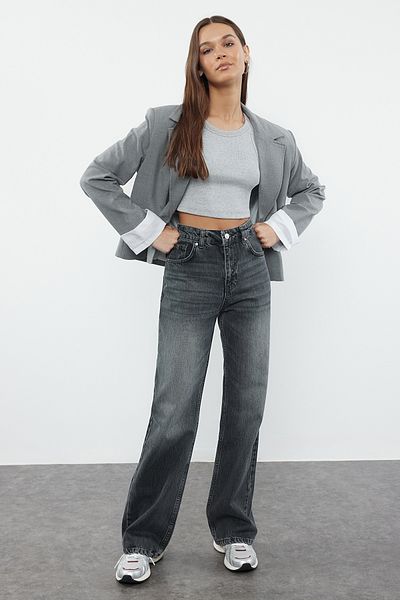 Trendyol Collection Jeansy z wysokim stanem i szerokimi nogawkami w kolorze antracytowym - TWOAW25JE00101