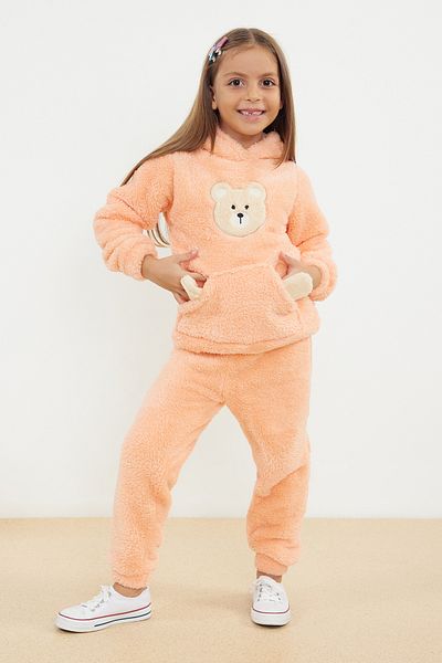 TRENDYOLKIDS Girl's Thin Teddy Bear Patterned Plush Knitted Set - Hooded, Seasonal Tkdaw25au00030