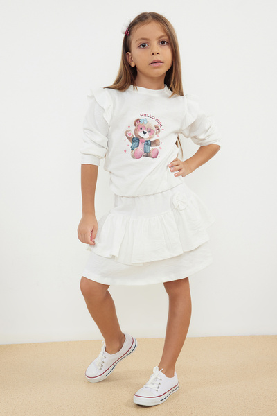 TRENDYOLKIDS Girl's Ecru Knitted Set - Printed Bottom-Top Set TKDAW25AU00021