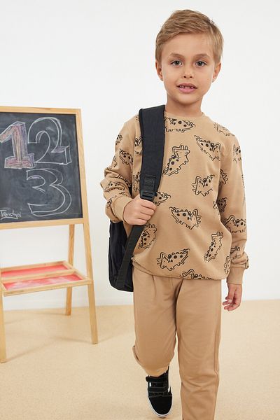 TRENDYOLKIDS Cotton Camel Printed Top and Bottom Set - Tkdaw25Au00003