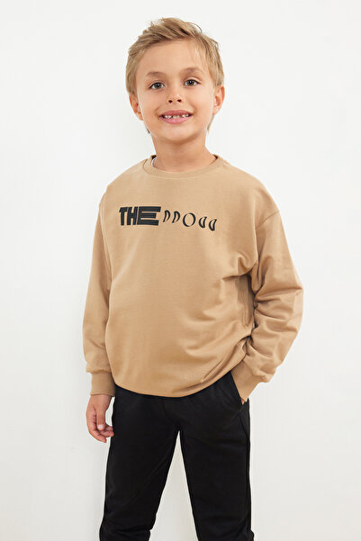 TRENDYOLKIDS Cotton Beige Knitted Set - Slogan, Top and Bottom Set Tkdaw25Au00009