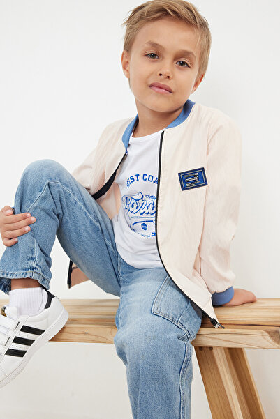 TRENDYOLKIDS Boy's Beige Slogan Printed T-Shirt and Jacket Set - Cotton Knitted Tkdaw25Au00047