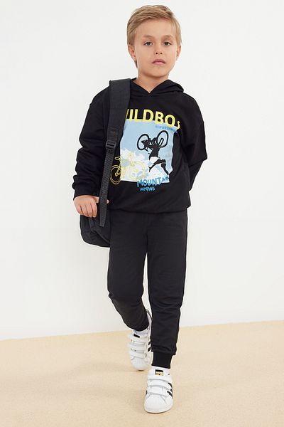 TRENDYOLKIDS Cotton Slogan Black Knitted Set - Tkdaw25Au00009