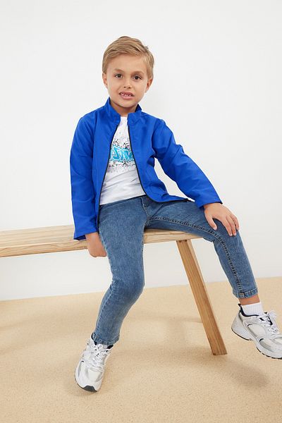TRENDYOLKIDS 3-Piece Saks Printed Cardigan-T-Shirt-Pants Set for Boys Cotton Knitted Set - Tkdaw25Au00042