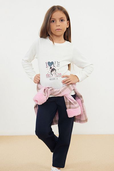 TRENDYOLKIDS Girl's Plaid Patterned 3-Piece Knitted Set - Jacket, T-Shirt, Trousers TKDAW25AU00031