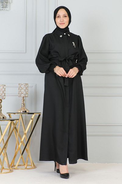 Modamihram Black Ferace - with Stone DeTail and Zipper 19208
