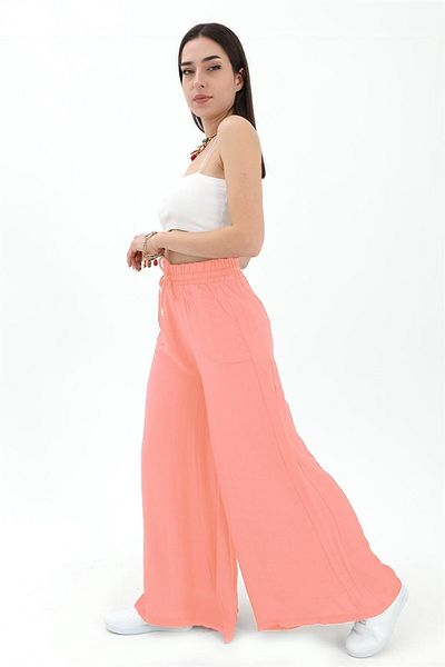 VAPUR Women's Linen Trousers - Wide Belt and Wide Leg - Coral