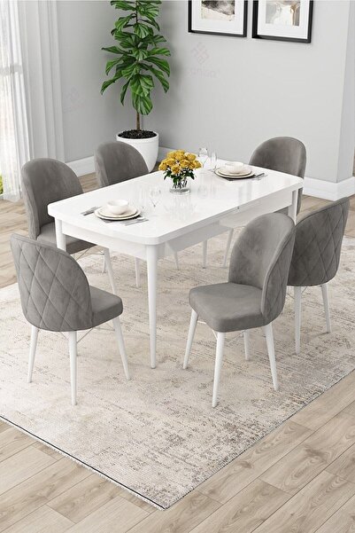 Canisa Rut Serisi Açılabilir 80x132 Beyaz Masa Ceviz Ayak Yemek Odası Takımı ...