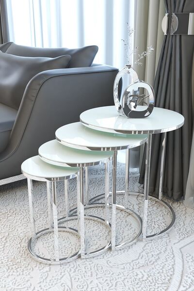 Puklife Ceylin 4lü Zigon Sehpa Gümüş Renk Metal Ayak, Beyaz Kırılmaz Cam