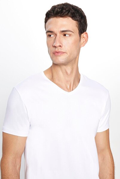 Tudors Λευκό βαμβακερό μπλουζάκι Lycra με λαιμόκοψη σε V - Λευκό μπλουζάκι Flexible Slim Fit Basic Lycra