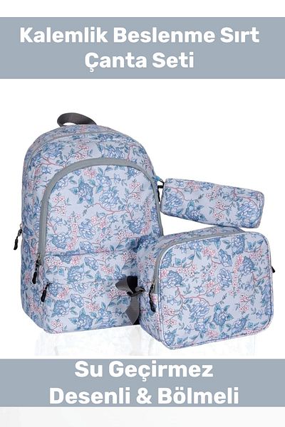 Pastimore Zippered Large 1st Quality Waterproof Patterned Compartmented Triple School Pen Holder Lunch Backpack Set