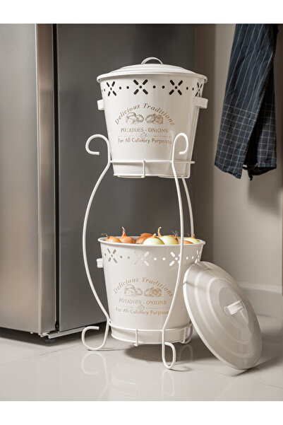 linmetal 2 Katlı Metal Patates Soğan Kovası - Sebzelik - Patates Soğanlık Sep...