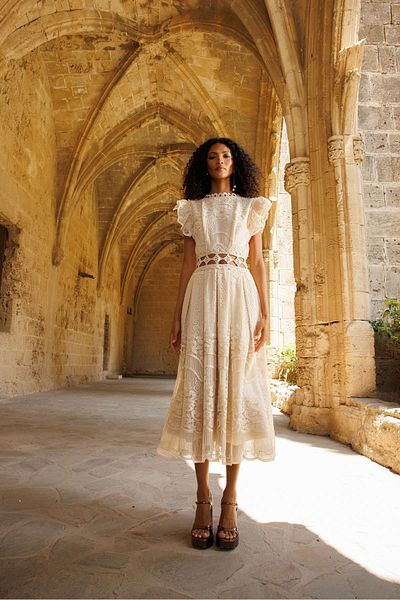 Nefeli Low Waist Striped Lace Dress Beige