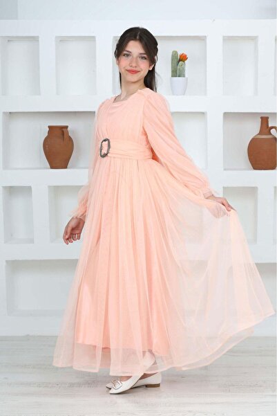 Asortik Kids Κοριτσίστικο μακρύ βραδινό φόρεμα με χιτζάμπ σομόν