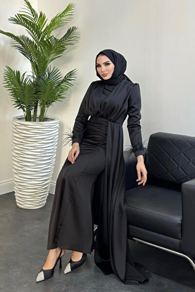 Şule Giyim Kuyruk Detaylı Saten Abiye Siyah