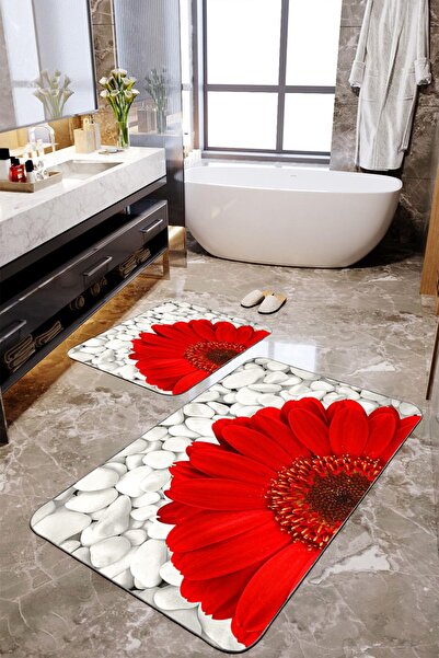 Homiko Set de 2 covorașe de baie mari cu model de margarete roșii
