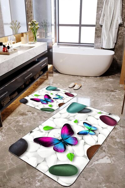Homiko Blue Butterfly Patterned Set of 2 Large Size Bath Mat