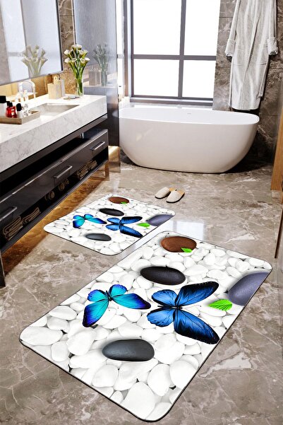 Homiko 3 Boyutlu Kelebek Baskılı 2'li Büyük Boy Banyo Paspas Seti