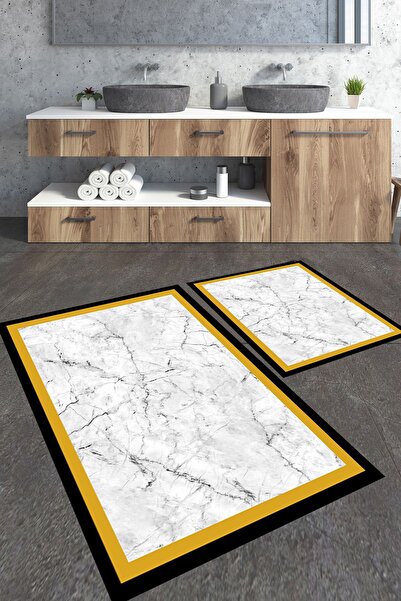 Homiko Set de 2 covorașe de baie mari cu model de marmură cu dungi galbene și...