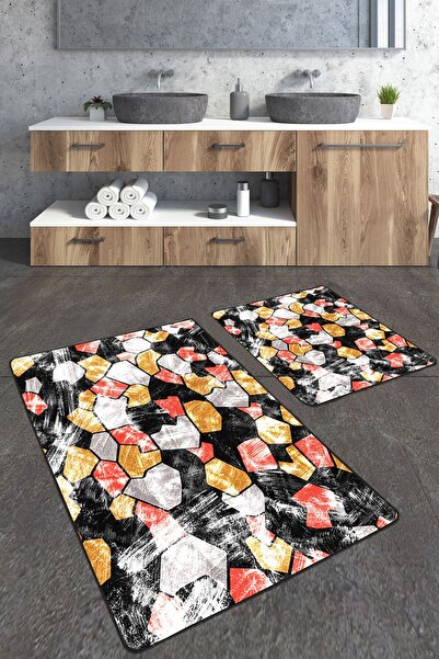 Homiko Set de 2 covorașe de baie mari, cu model învechit, de culoare galben portocaliu