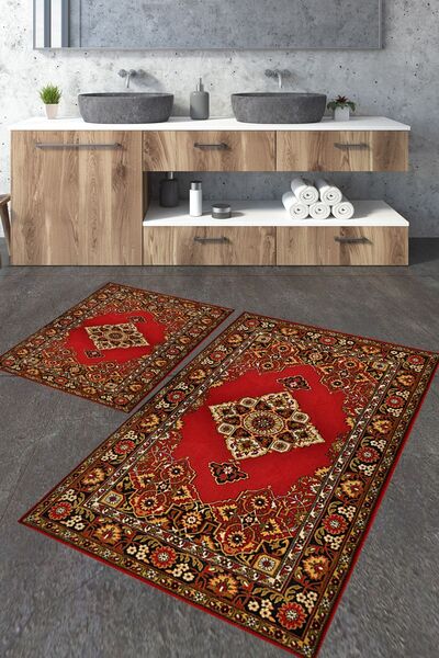 Homiko Red Motif Large Size Bath Mat Set of 2