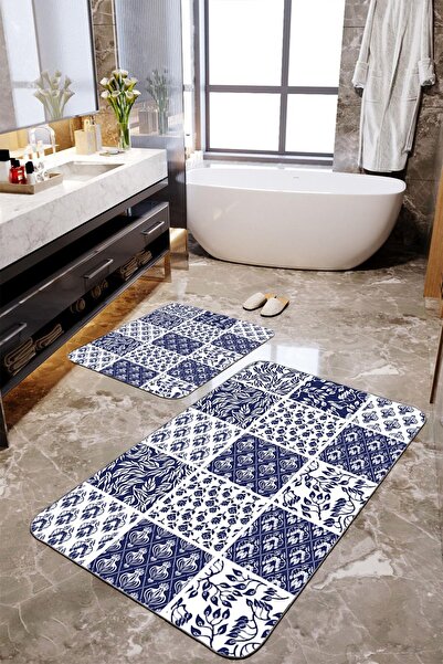 Homiko Set de 2 covorașe de baie mari cu model mozaic albastru