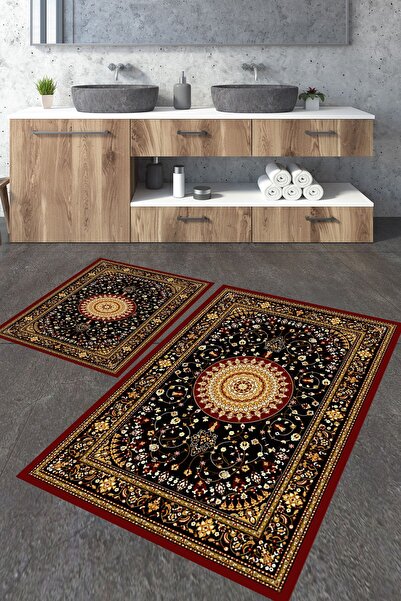 Homiko Set de 2 covorașe de baie mari, de culoare burgundă etnică