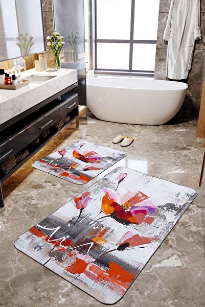 Homiko Set de 2 covorașe de baie mari, cu model de flori în vopsea uleioasă