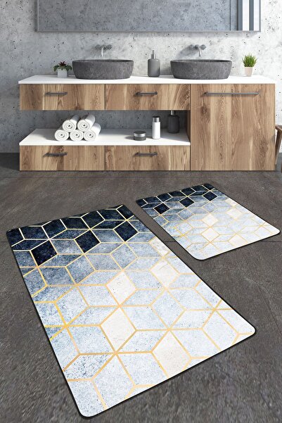 Homiko Mosaic Patterned 2-Piece Large Size Bath Mat Set