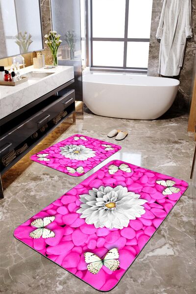 Homiko Pink Floored Daisy Patterned 2-Piece Large Size Bath Mat Set