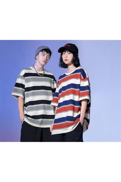 GOSSİP TEAM Μπλουζάκι Gossip Team Unisex Oversize - Κόκκινο Μπλε Ριγέ, Λευκό