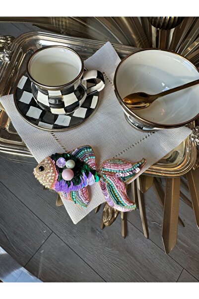 Hatice sakallı design boncuk işleme Balık figürlü kahve yanı sunum peçetesi kokteyl peçete 1 Adet