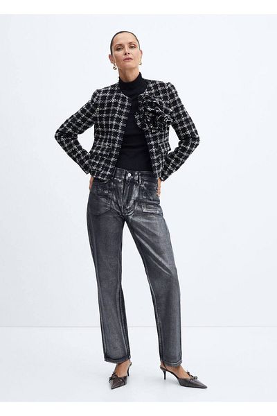 MANGO Woman Maxi květovaná tvídová bunda