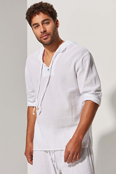 White By Nature Uzun Kol Kapüşonlu Pamuk Erkek T-shirt