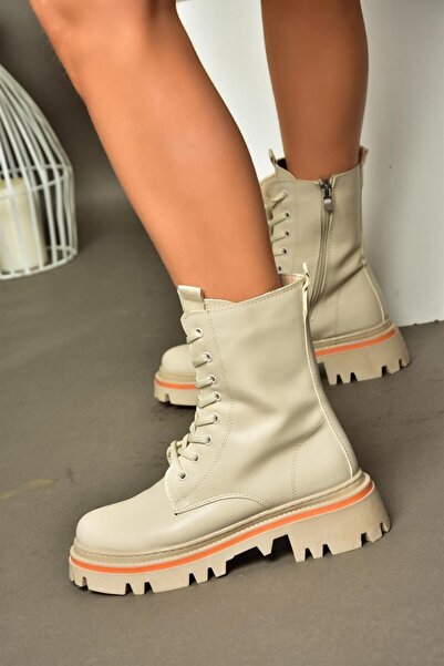 Fox Shoes R524802209 Μπεζ γυναικείες μπότες με κορδόνια