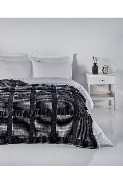 Denizli Concept Cuvertură de pat cu lățime de 230x250 cm cu vafe negre - 100% bumbac, fără călcat și țesut moale