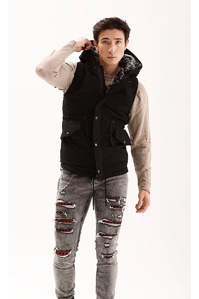 THIMOON Men's Black Standard Fit Hooded Puffer Vest