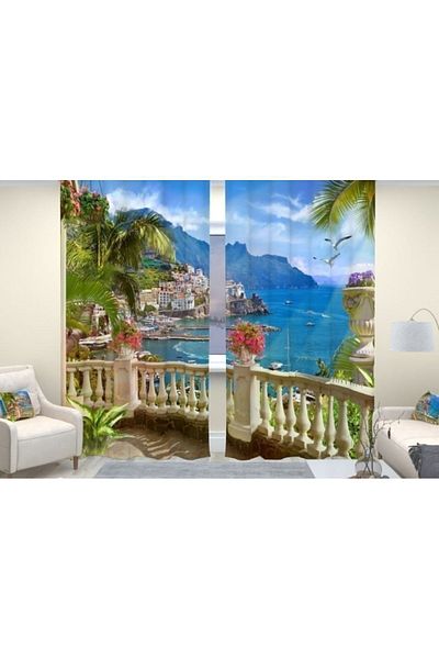 Elmas Dizayn SPECIAL PRODUCTION 3D DIGITAL PRINT BROWN BLUE WHITE GREEN 140 CM * 240 DOUBLE WING 2 PIECES FON CURTAIN