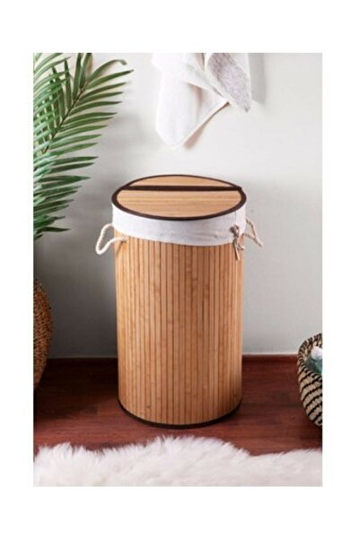 E-LİFE HOME Katlanır Oval Bambu Çamaşır Kirli Sepeti