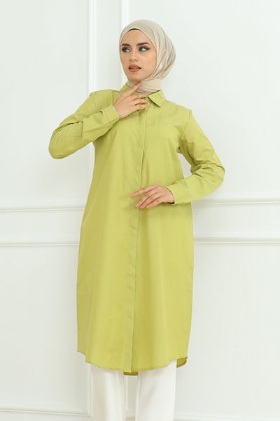 Eliva Oil Green Long Sleeve Women's Tunic - Buttoned Hijab Design