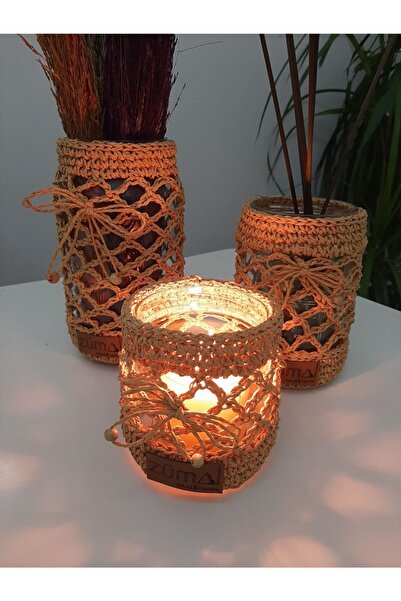 ZÜMAL El Örgüsü Kağıt Ip Hasır Dekoratif Vazo Ve Mumluk Seti 3'lü