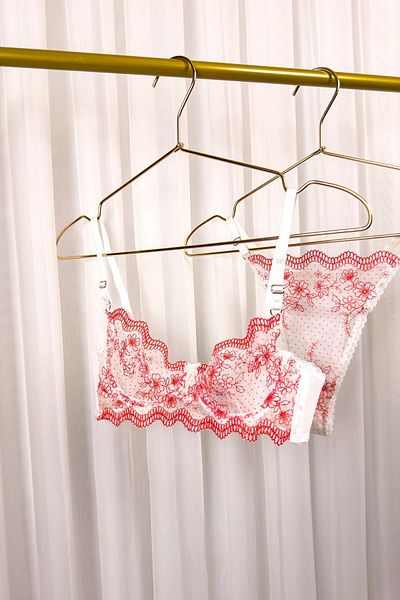 LikeSwan Red and White Floral Patterned Bralet Lingerie Set with Transparent Lace and Underwire