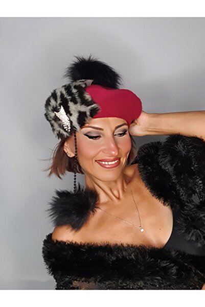 Senbeno Design ÖZGÜN TASARIM LEOPAR KÜRK VE TAŞLI BROŞ DETAYLI GÜL KURUSU KAD...