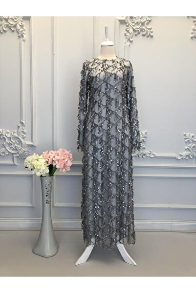 hümeyraabiye Saçaklı Abiye Elbise Gri