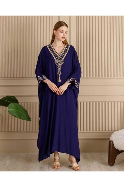 Eceyaman moda women's lapel and sleeves embroidered and rhinestones oversize dress