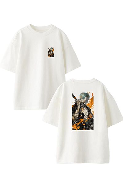 NMG TEKSTİL Λευκό μπλουζάκι Unisex από βαμβακερό υπερμεγέθη - Warrior In Flames Printed