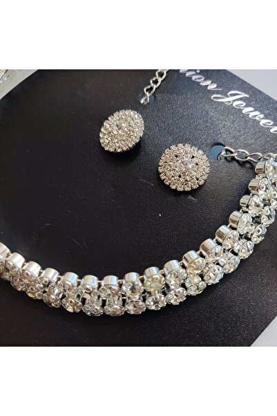 Tradinyom Gümüş renkli elmas taşlı kolye ve küpe seti